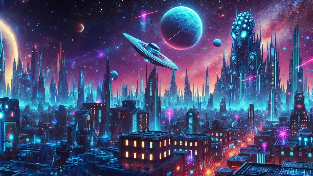 Alien Metropolis 4K wallpaper: A neon-lit alien city skyline at night, saucer ships gliding between glowing towers under two moons.