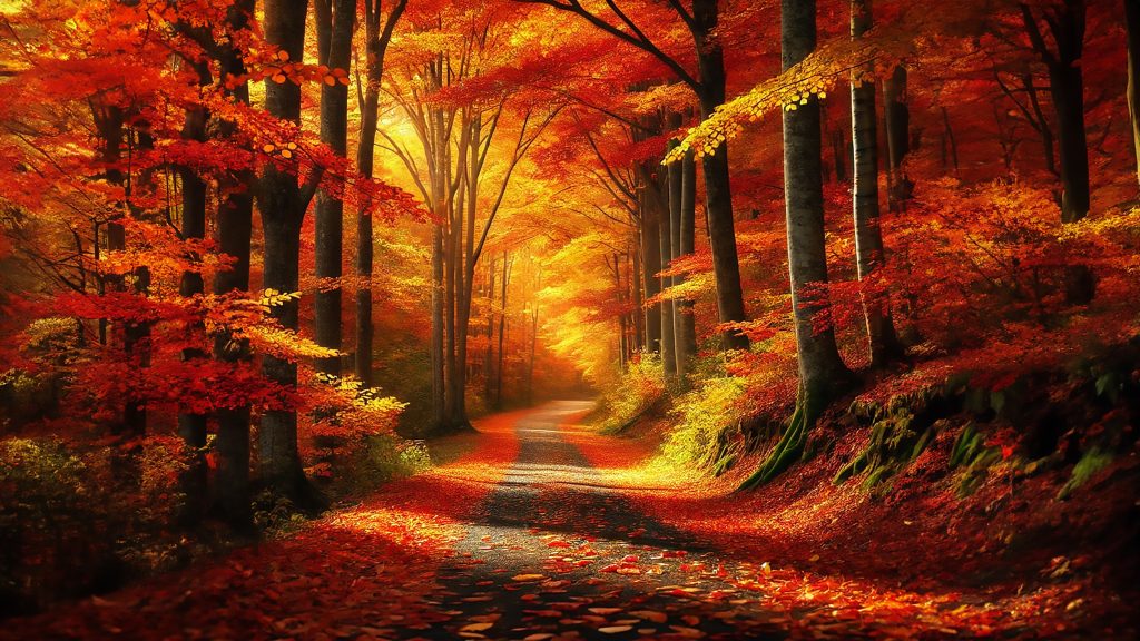 Autumn Pathway 4K wallpaper: A quiet dirt path winding through a glowing autumn forest carpeted in orange leaves.