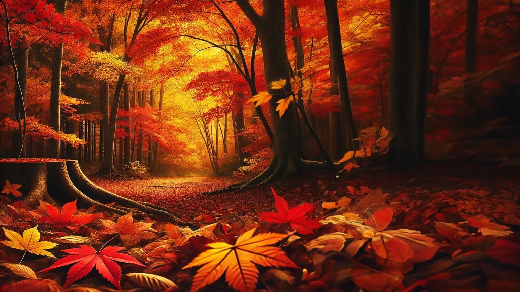 Autumn's Embrace 4K wallpaper: Fiery maple leaves scattered across a forest floor beneath a canopy of orange and gold.