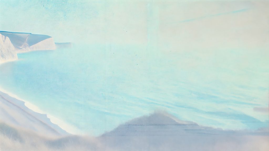 Blue Serenity 4K wallpaper: A soft watercolor wash of pale blue sky over a faded, misty shoreline. Minimal enough to keep desktop icons readable.