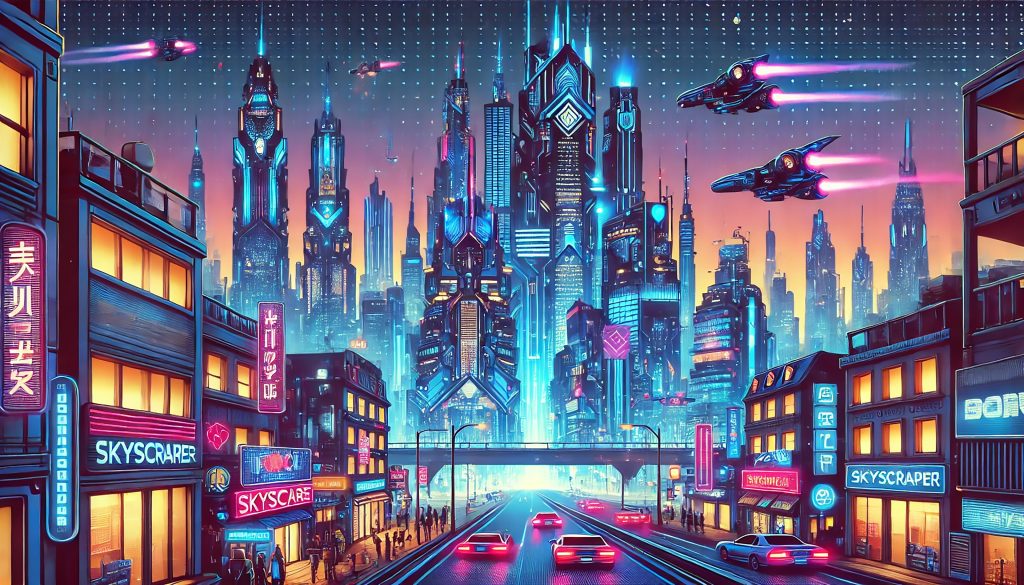 Cyberpunk Metropolis 4K wallpaper: A cyberpunk street at night: neon signs, flying cars and towering skyscrapers in electric blue and pink.