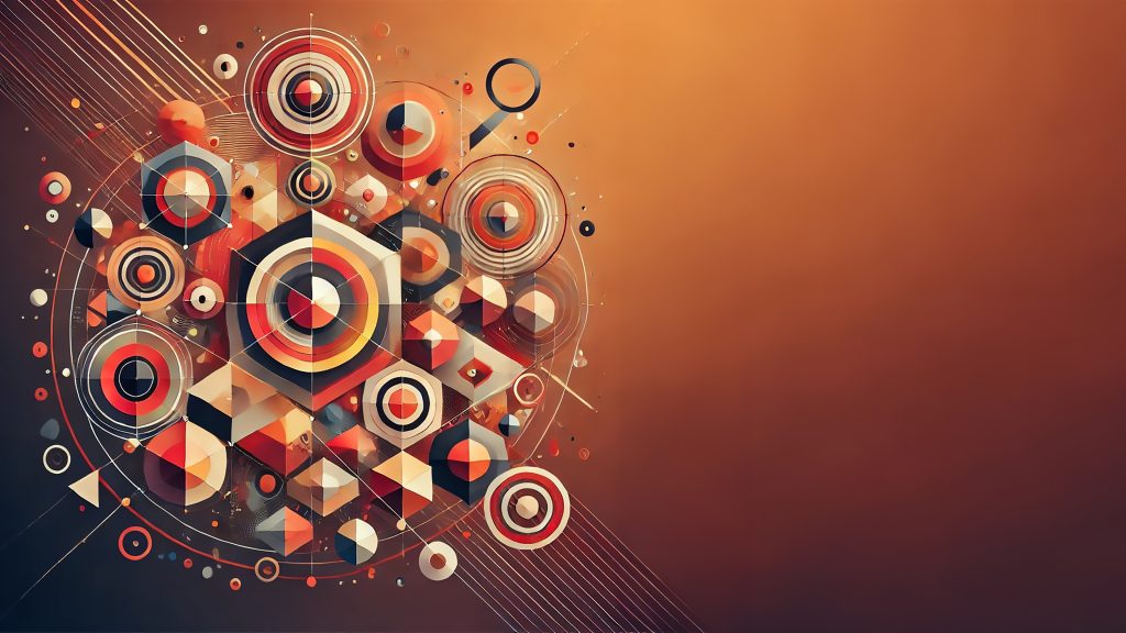 Geometric Fusion 4K wallpaper: Overlapping hexagons, circles and triangles in coral, cream and teal on a warm orange gradient.