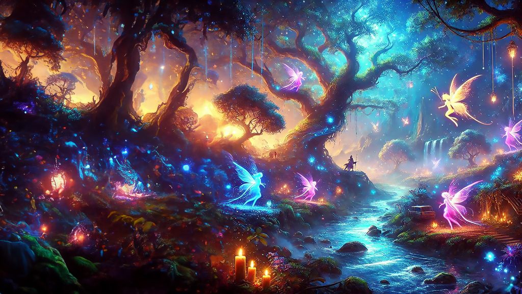 Enchanted Forest 4K wallpaper: A glowing fantasy forest at night with luminous blue mushrooms, fairies and a sparkling stream.