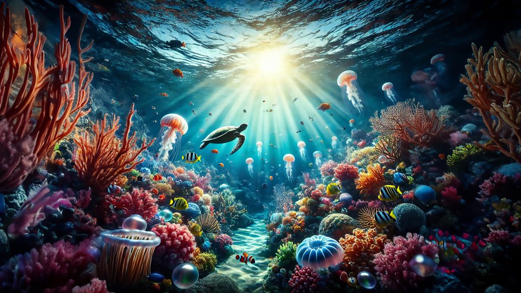 Enchanted Ocean Depths 4K wallpaper: Sunbeams reaching a coral reef where jellyfish and a sea turtle drift over sunken ruins.
