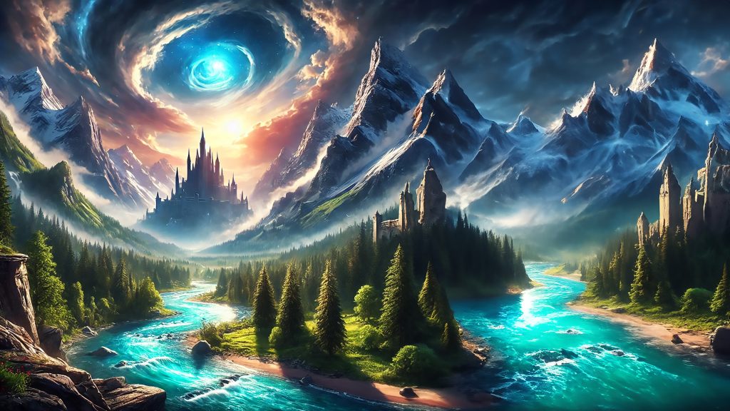 Epic Fantasy Realm 4K wallpaper: A turquoise river winding between castle-topped cliffs and pine forests under a swirling sky.
