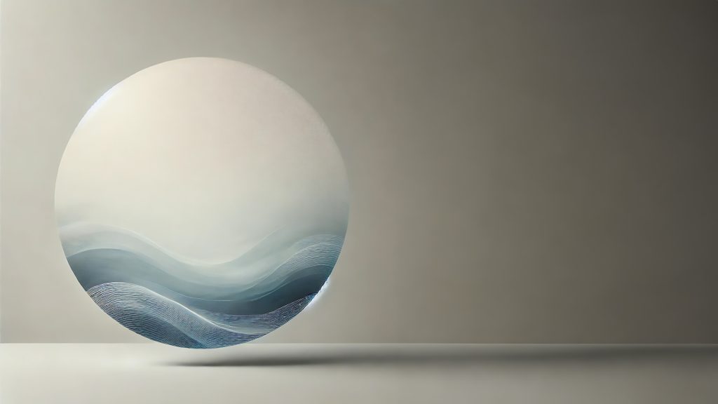 Faded Ocean Waves 4K wallpaper: A single pale sphere holding gentle waves on a clean grey backdrop. Minimal and distraction-free.