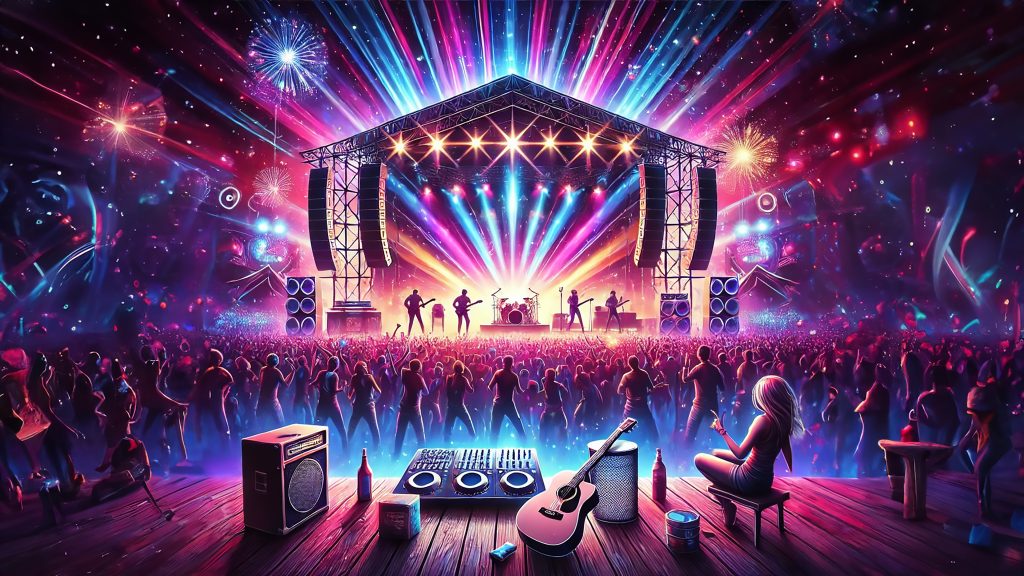 Festival Vibes 4K wallpaper: A music festival stage bursting with lasers, lights and a dancing crowd in magenta and blue.