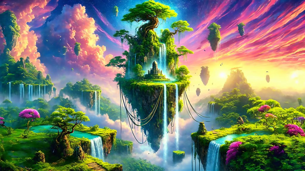 Floating Island Paradise 4K wallpaper: Lush floating islands with waterfalls pouring into the clouds under a pink and gold sky.