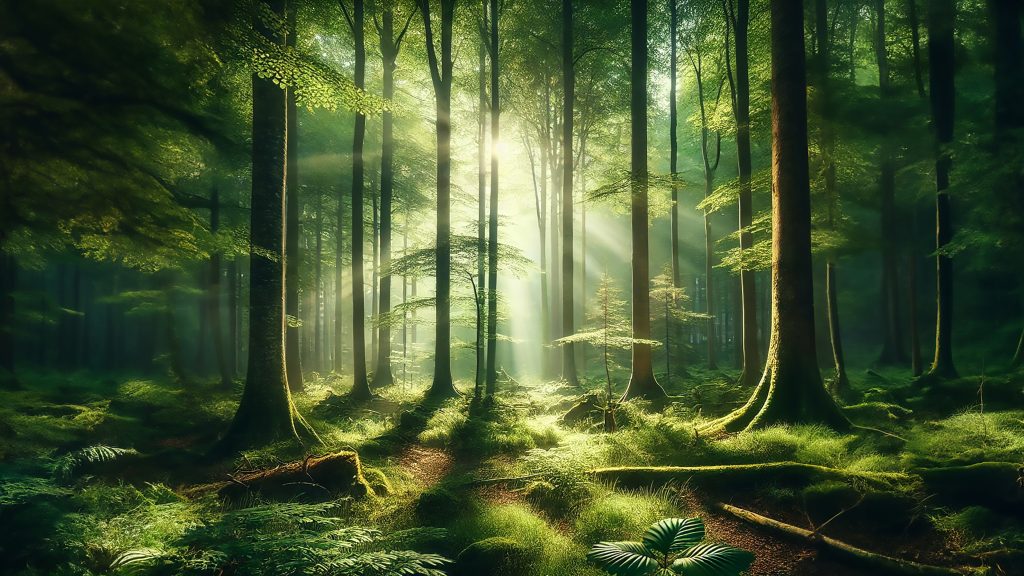 Forest Tranquility 4K wallpaper: Morning light streaming through tall green trees onto a mossy forest floor.
