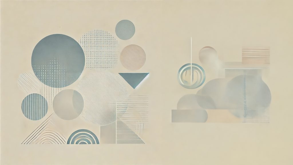 Geometric Serenity 4K wallpaper: Sparse circles, lines and dots in muted teal and beige on cream. Minimal and calm.
