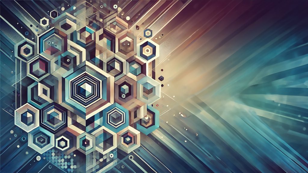 Hexagon Symphony 4K wallpaper: A cluster of layered hexagons in teal, navy and gold dissolving into a light gradient.