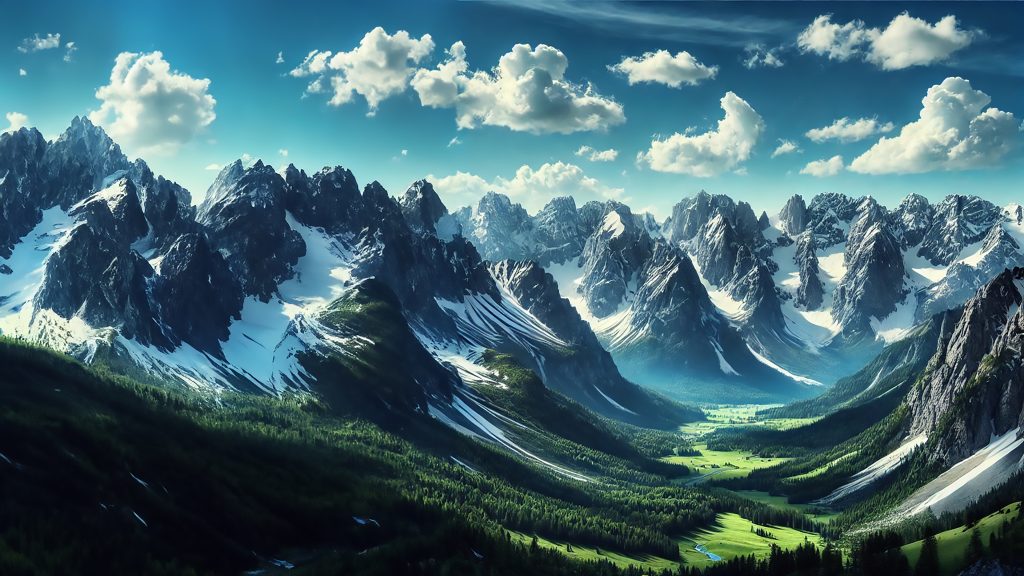 Mountain Majesty 4K wallpaper: Snow-dusted alpine peaks above a green valley under a bright blue sky with drifting clouds.