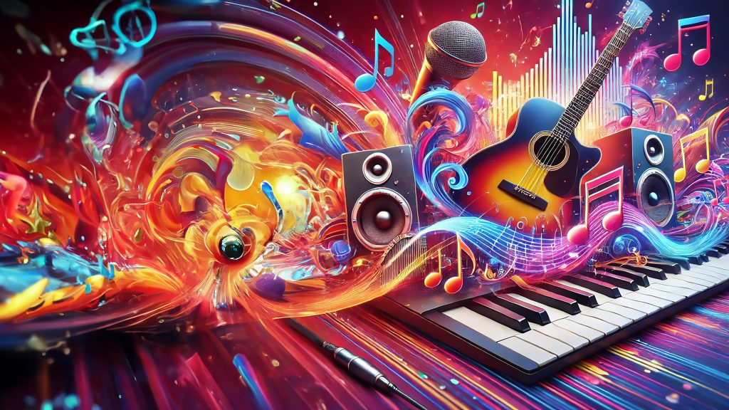 Musical Vibes 4K wallpaper: A guitar, keyboard and microphone swept up in a swirl of orange, magenta and blue energy.