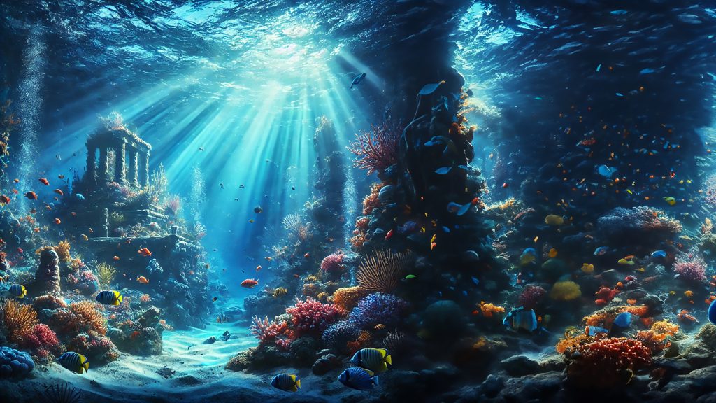 Mystic Underwater World 4K wallpaper: Sunlight piercing deep blue water over coral, fish and the ruins of a lost city.