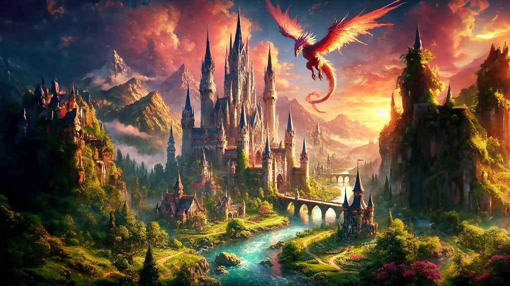 Mystical Castle at Sunset 4K wallpaper: A fairytale castle on a forested cliff at sunset, a red dragon circling the towers.