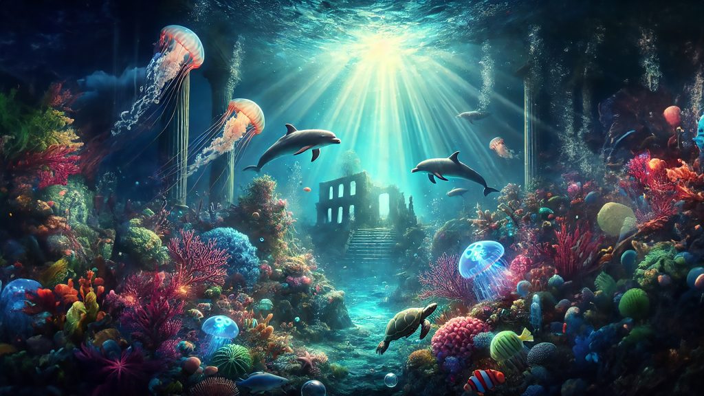 Mystical Ocean Depths 4K wallpaper: Dolphins, jellyfish and a turtle glide through sunlit water above a vivid reef and ancient ruins.
