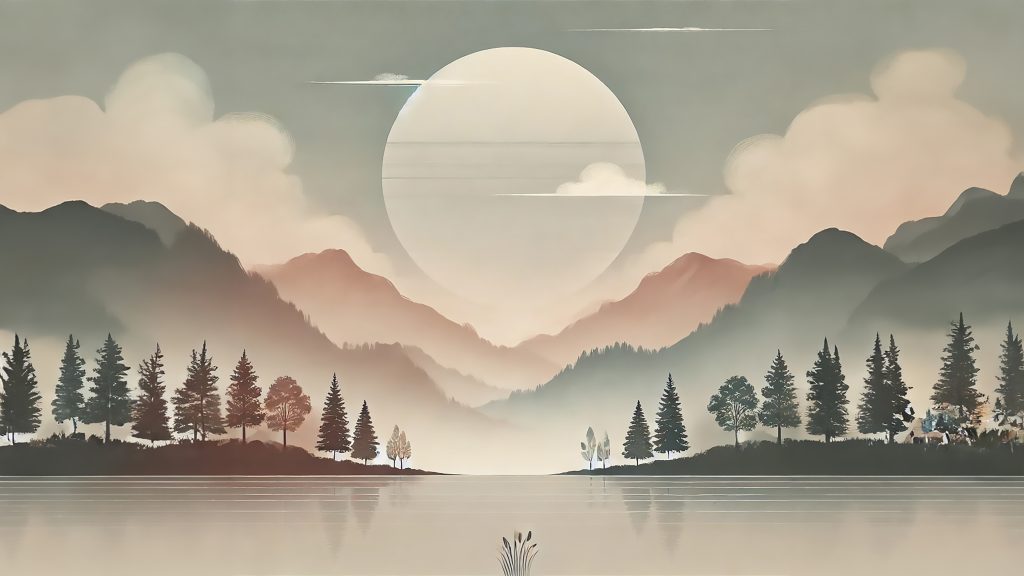 Pastel Serenity Lake 4K wallpaper: A flat pastel illustration of a lake, pine islands and layered mountains under a huge pale moon.