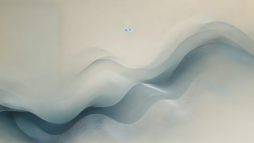 Serene Blue Waves 4K wallpaper: Soft white and pale blue waves flowing across a bright, airy background. Ultra-minimal.