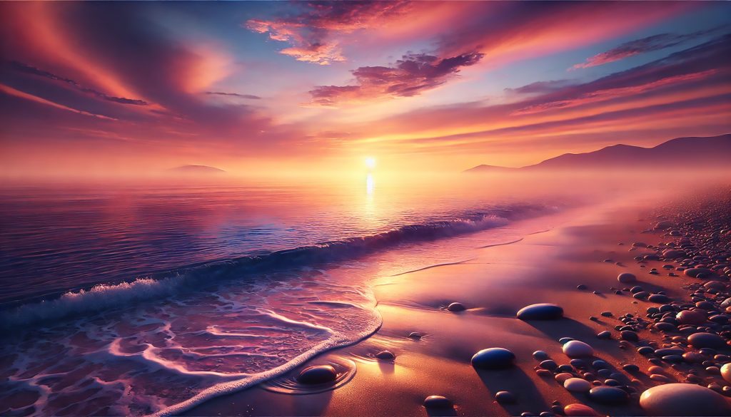 Sunset Serenity 4K wallpaper: Pink and violet clouds over a calm beach as waves roll onto wet, pebbled sand at sunset.