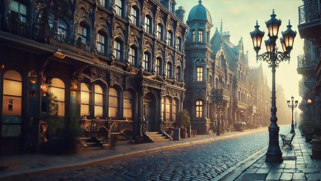 Timeless Streets 4K wallpaper: An old European street of ornate stone facades and iron lamp posts on a misty cobblestone morning.