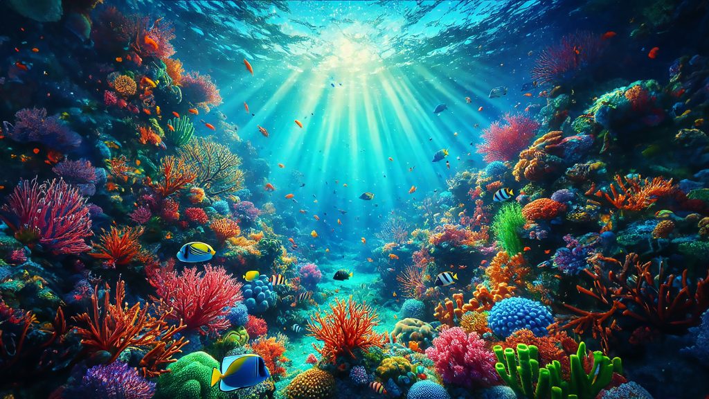 Underwater Wonder 4K wallpaper: A bright coral reef teeming with tropical fish beneath shafts of sunlight.