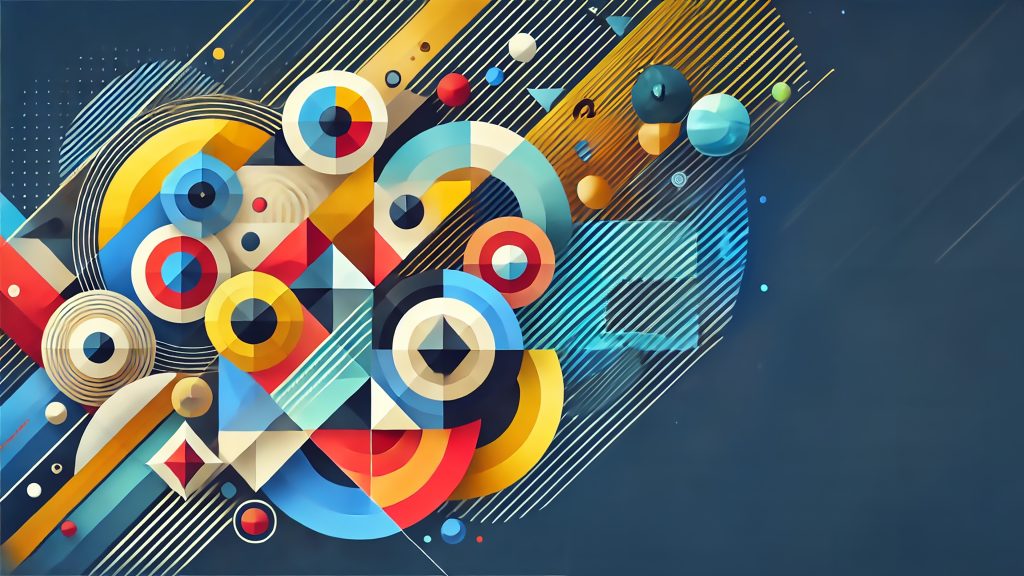 Vibrant Geometric Patterns 4K wallpaper: Bold circles, arcs and triangles in red, yellow and blue on a deep navy background.