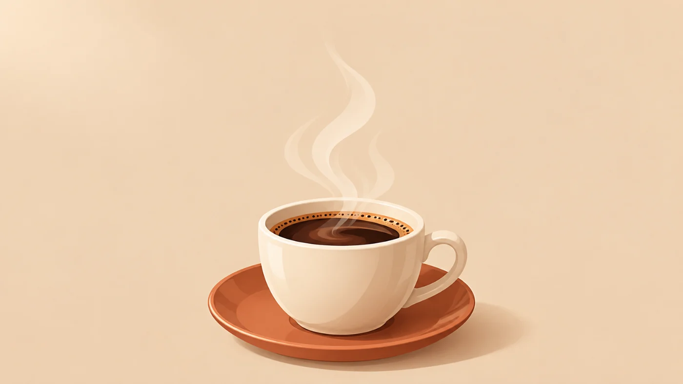 AI image from the six-part formula prompt: a flat illustration of a coffee cup with steam on warm beige, with empty space at the top for a headline