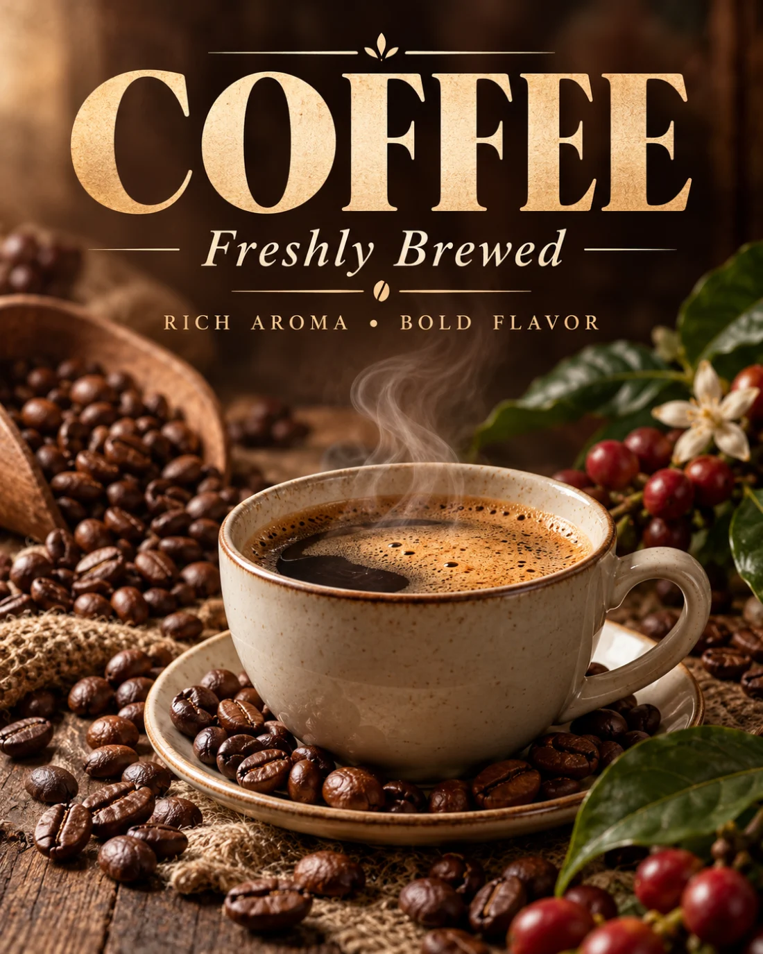 AI image from the vague prompt a poster about coffee: a portrait poster with baked-in headline text, a cup and coffee beans