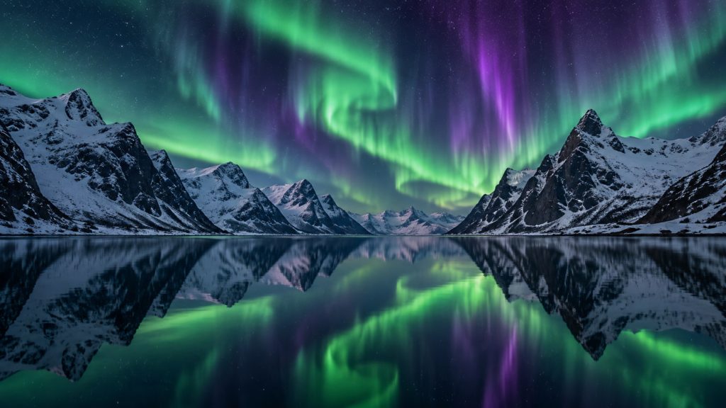 Aurora Fjord 4K wallpaper: Northern lights over a mirror-still Norwegian fjord.