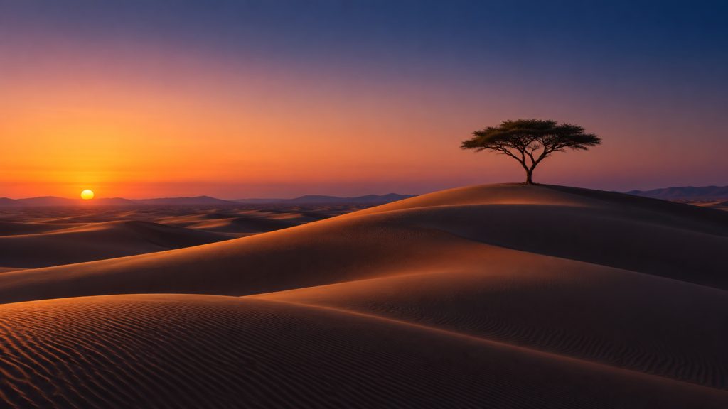 Dune Silence 4K wallpaper: Minimalist desert dunes at dusk with a single acacia on the ridge.