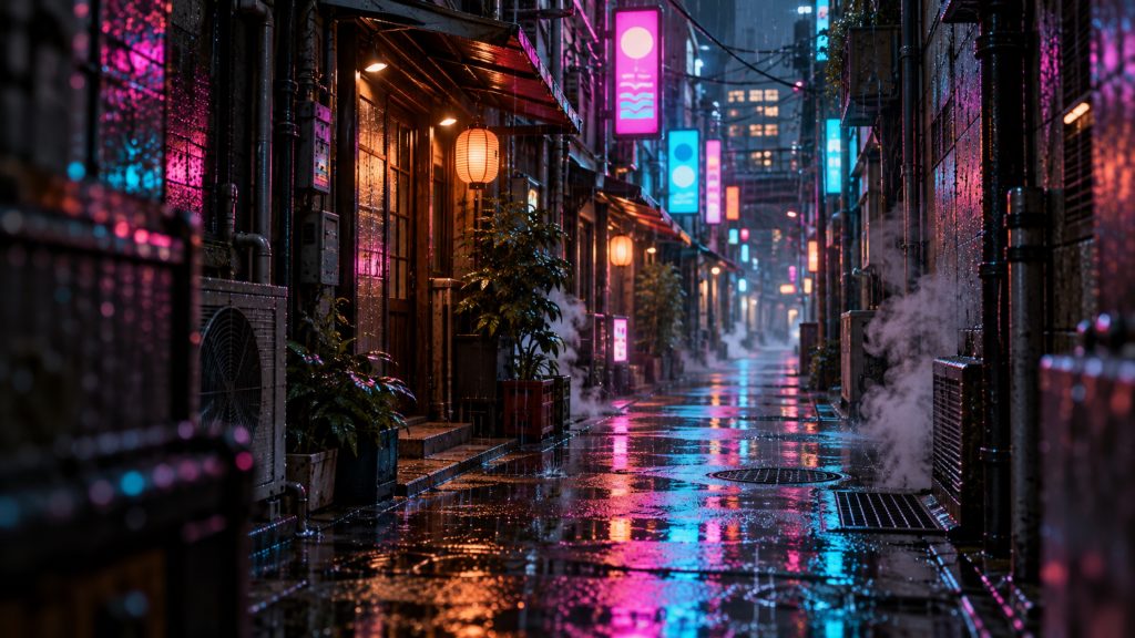 Neon Rain Alley 4K wallpaper: A rain-soaked Tokyo alley glowing with neon reflections.