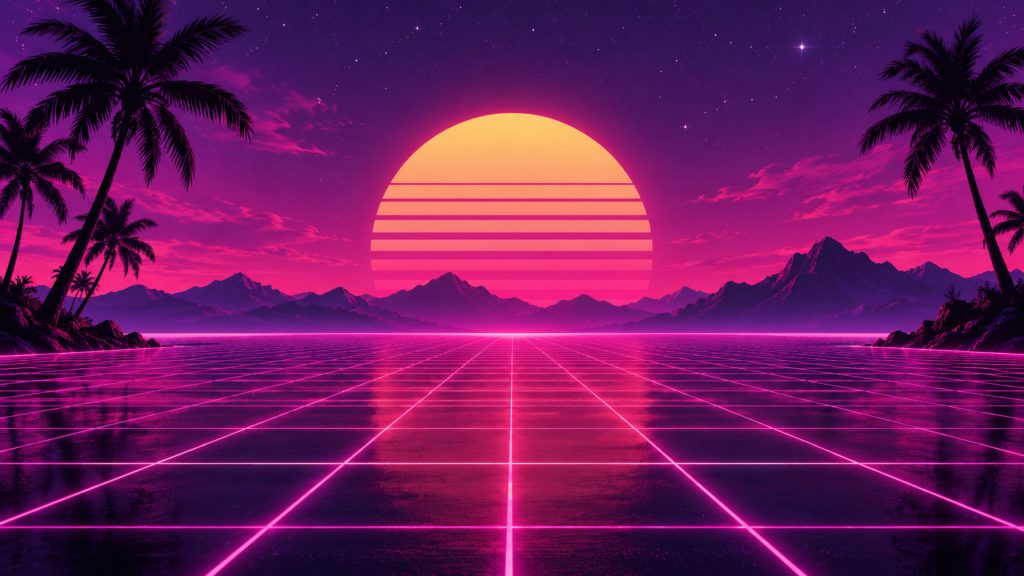 Synthwave Horizon 4K wallpaper: A neon grid runs to a striped 80s sun behind palm silhouettes.